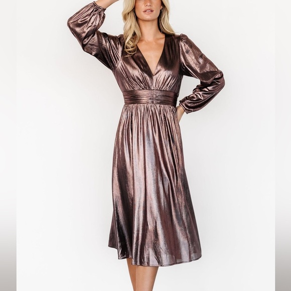 Baltic Born Dresses & Skirts - Baltic Born Bronze Shimmer Midi Dress Long Sleeve Cocktail Wedding Guest M